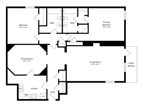 Floor plan for 2 beds, 2 baths, 1750 sqft